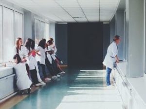 Nursing staff idling in hallway